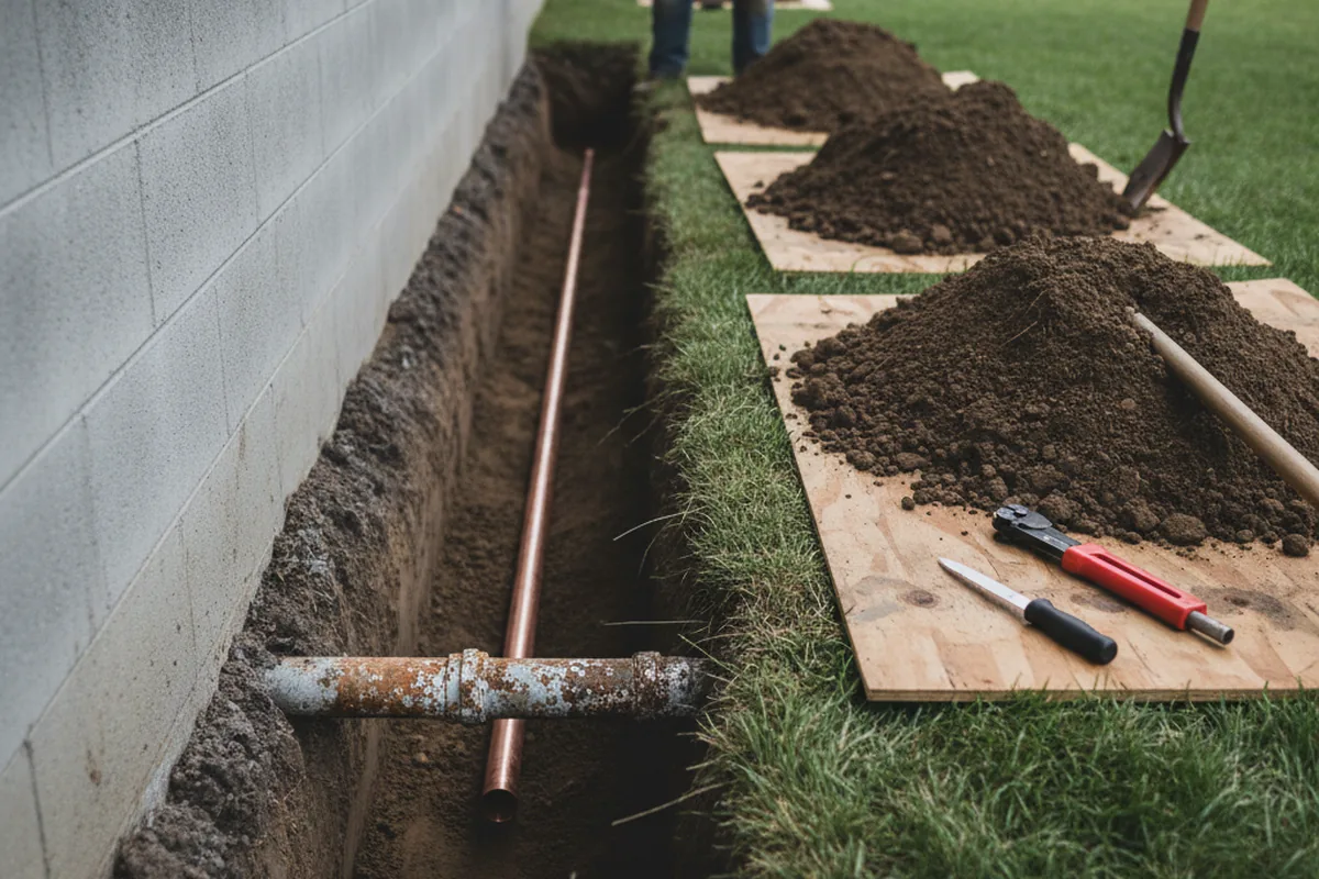 Excavated water line trench during Sewer Line Repair in Westview